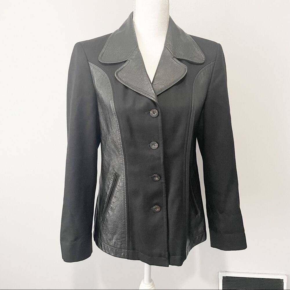 Sisley Italy black vintage leather wool jacket 8 italian made mobwife